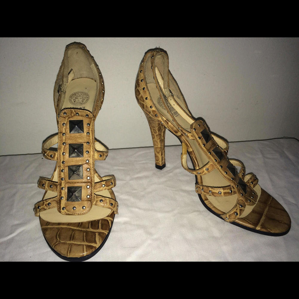 Versace Open Toe /Animal Print/ Womens Heels/Size 39/Brown/Studs/ EUC